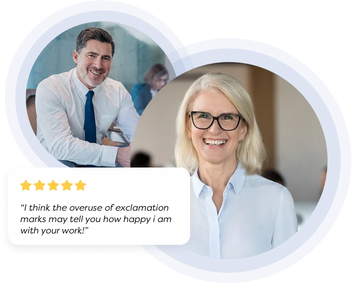 Male and Female Professional Services Business Owners providing a testimonial - I think the overuse of exclamation marks may tell you how happy i am with your work.