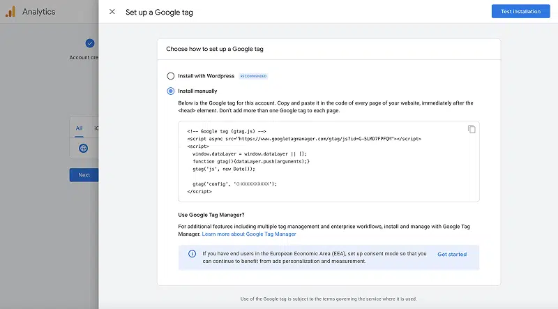 Install Google Analytics Tracking Code Screen