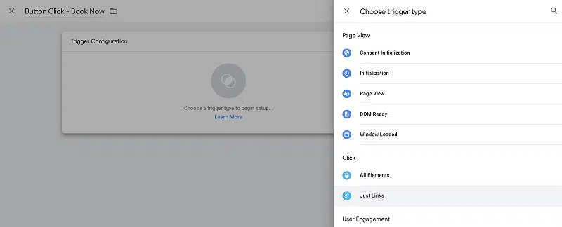 GTM Choose Trigger Type Screen
