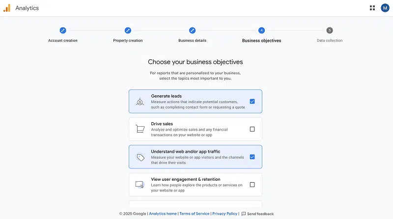 Google Analytics Choose Business Objectives Screen