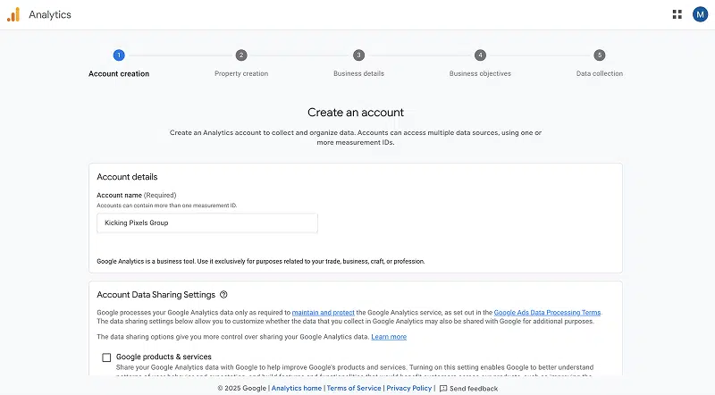 Google Analytics Account Creation Screen