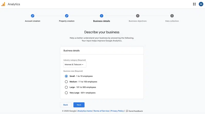 Google Analytics Business Details Screen