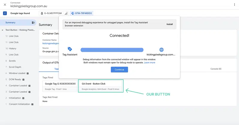 Google Tag Manager - GA Event Firing Screen