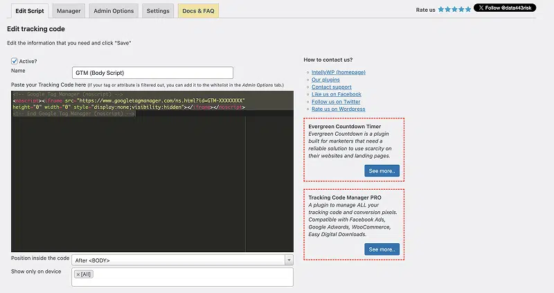 Tracking Code Manager Adding <Body> Script Screen