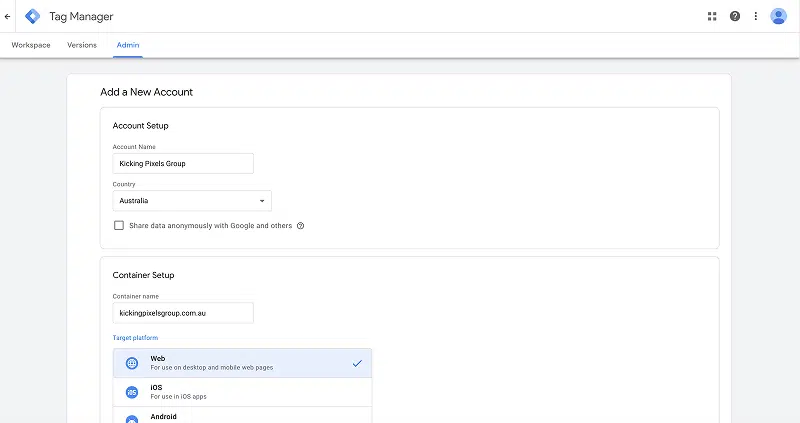 Google Tag Manager Create New Account Screen