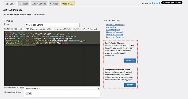 Tracking Code Manager Adding <Head> Script Screen
