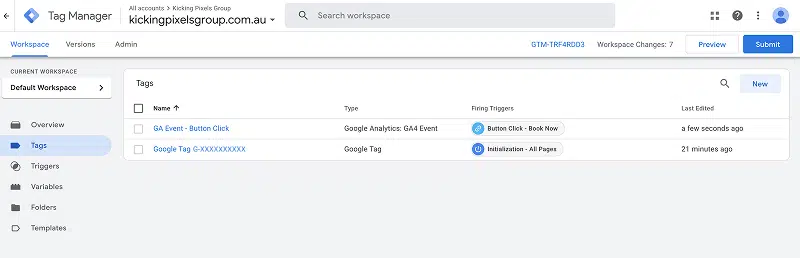 Google Tag Manager - GA Tags Screen