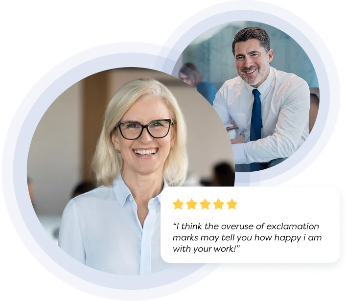 Business couple looking happy with their digital marketing. Testimonial bubble "I think the overuse of exclamation marks may tell you how happy i am with your work"