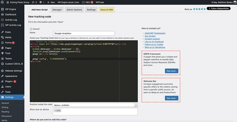 Tracking Code Manager add Google Analytics Script Screen
