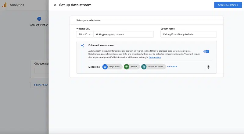 Google Analytics Setup a data stream screen