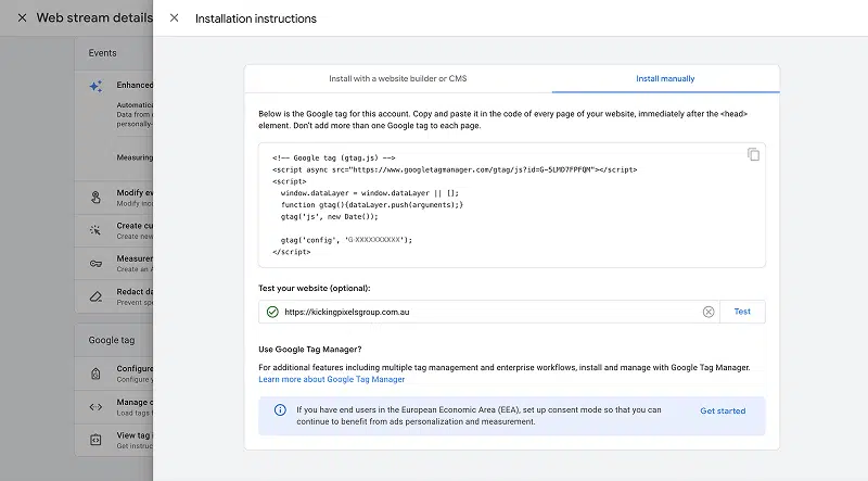 Google Analytics test your tag screen