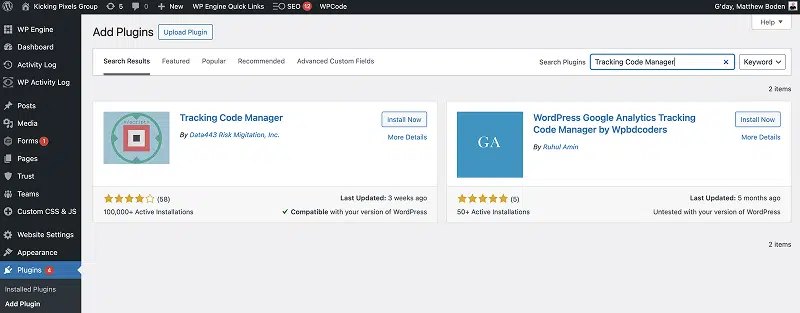 Add Tracking Code Manager Plugin from WordPress Admin screen