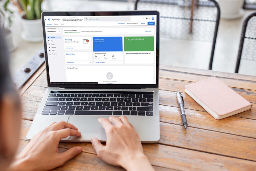 Business Owner working on Google Tag Manager on a laptop