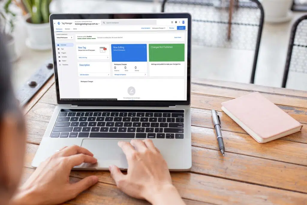 Business Owner working on Google Tag Manager on a laptop