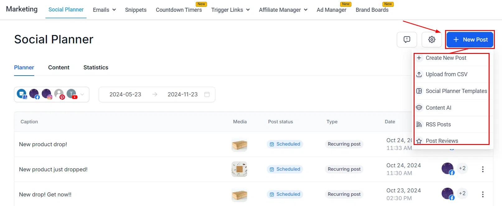 Create a new post in Growth360's social media planner easily