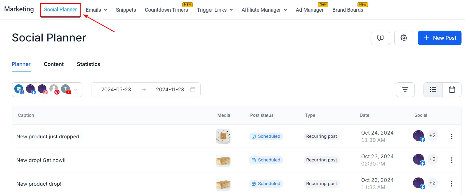 You'll find the Social Media Planner in Growth360 in the tab at the top of the page
