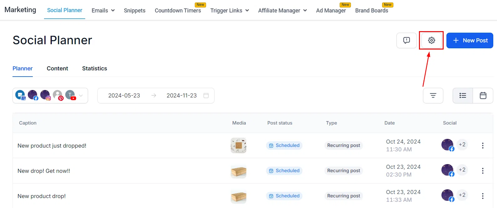 The Social Media Planner's setting in Growth360 