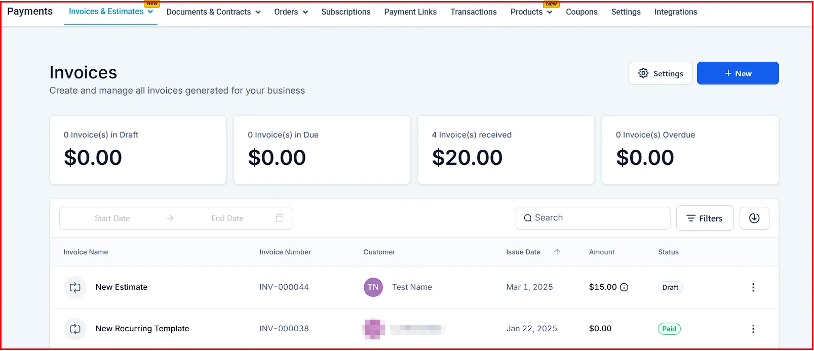 Payments view