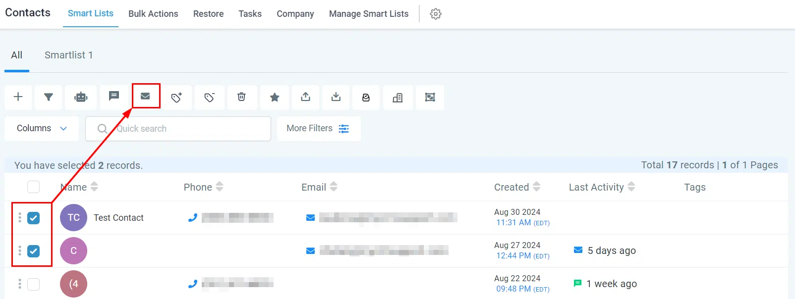 Select the contacts you'd like to send the bulk email to