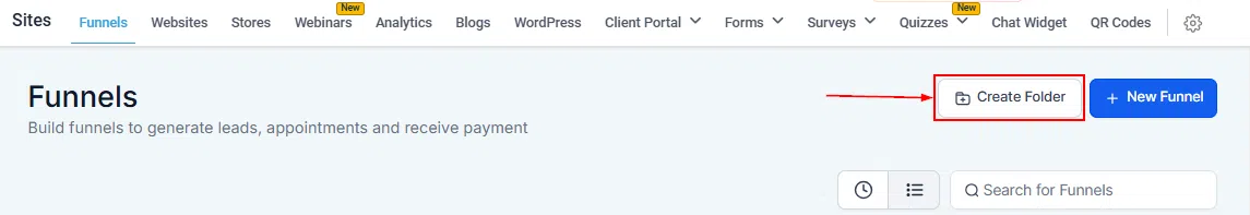 Growth360 Funnels - create folder button