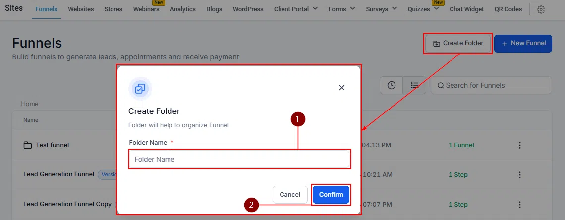 Growth360 Funnels - create folder popup