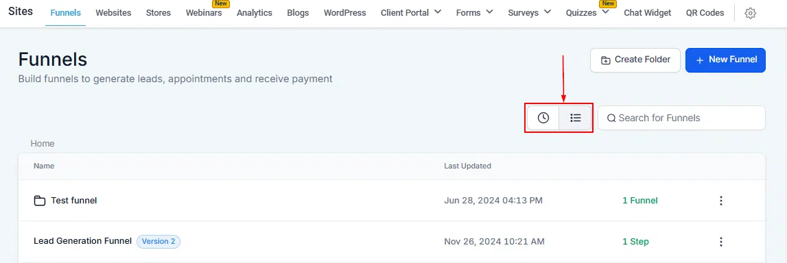 Growth360 Funnels - sort options