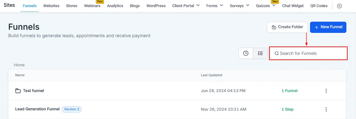 Growth360 Funnels - search by name