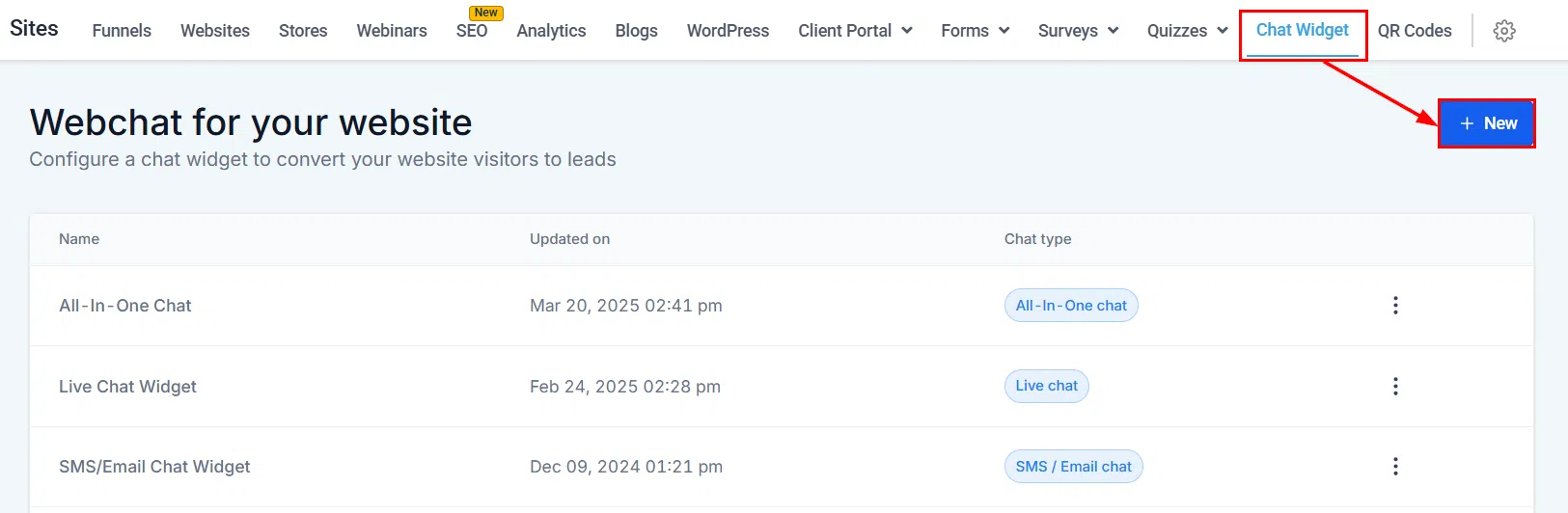 Growth360 All-in-One Chat Widget - clicking New button