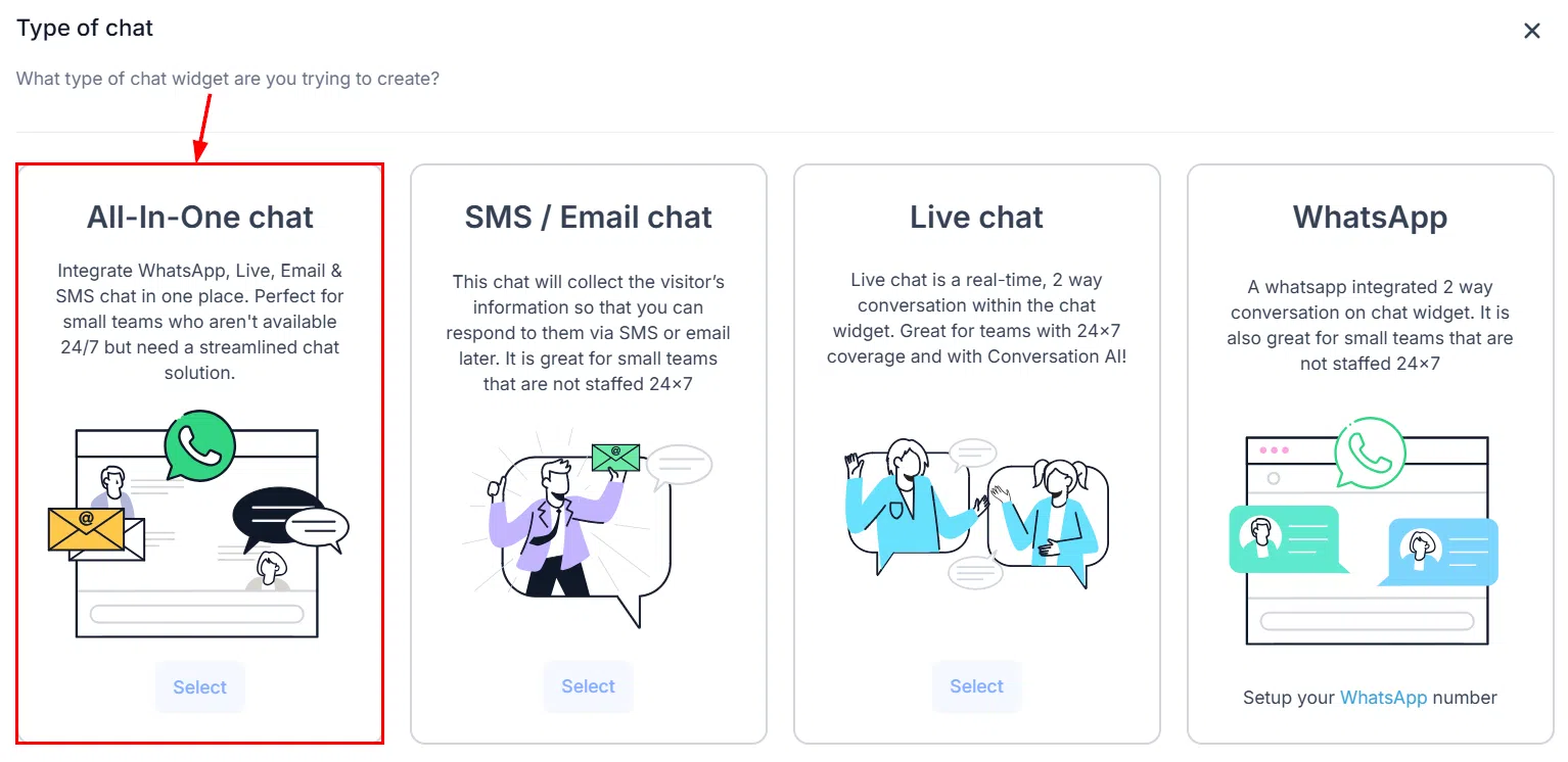 Growth360 All-in-One Chat Widget - selecting All-in-One type