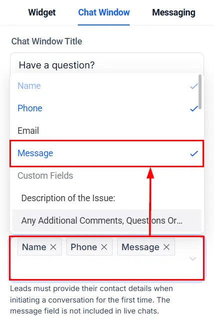 Growth360 All-in-One Chat Widget - contact form fields