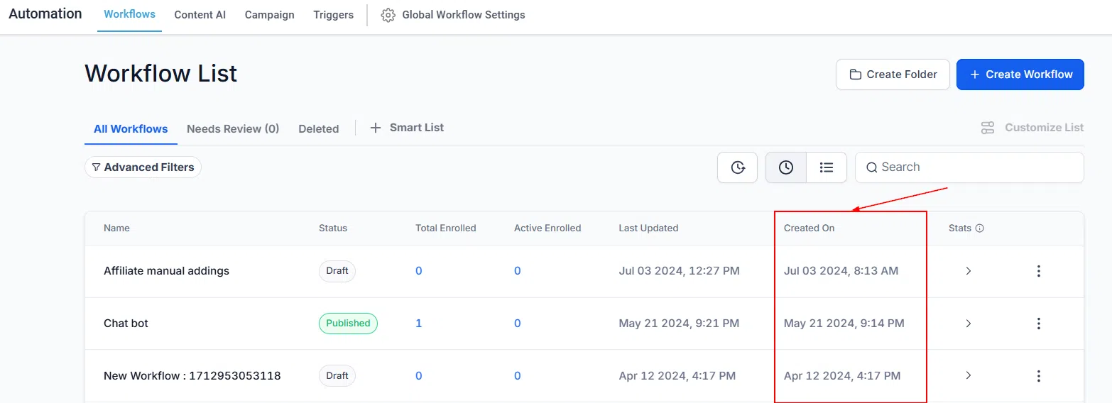 Growth360 Automations - workflow stats dropdown