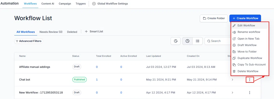 Growth360 Automations - workflow actions menu
