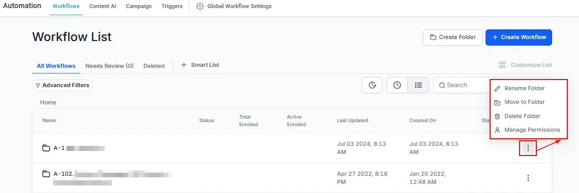 Growth360 Automations - folder actions menu