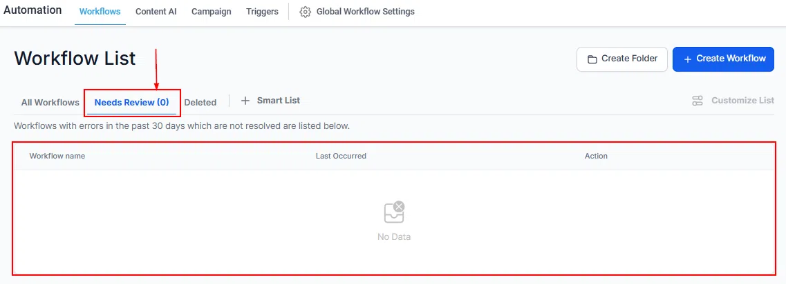 Growth360 Automations - needs review tab