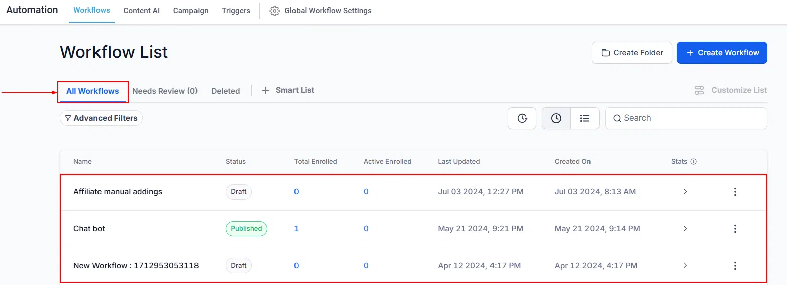 Growth360 Automations - all workflows view