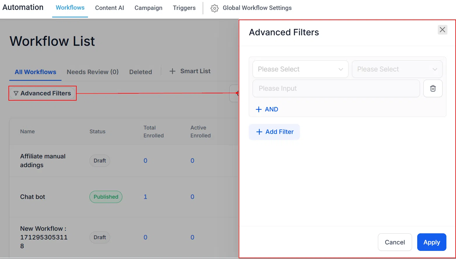 Growth360 Automations - advanced filters