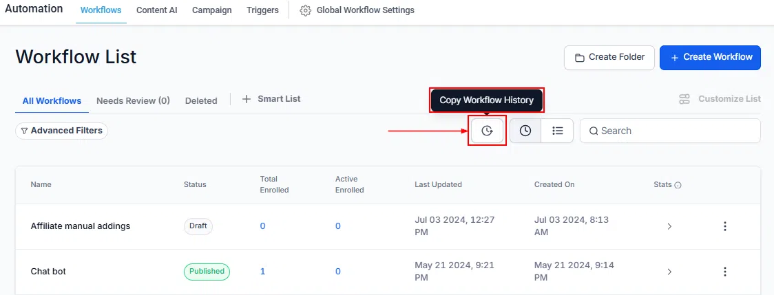Growth360 Automations - copy workflow history