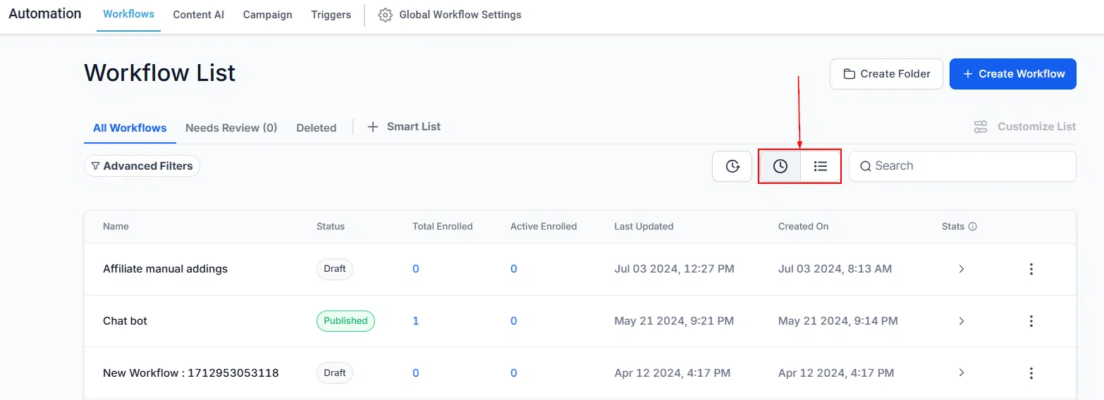 Growth360 Automations - sort options