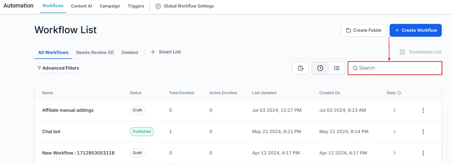 Growth360 Automations - search bar