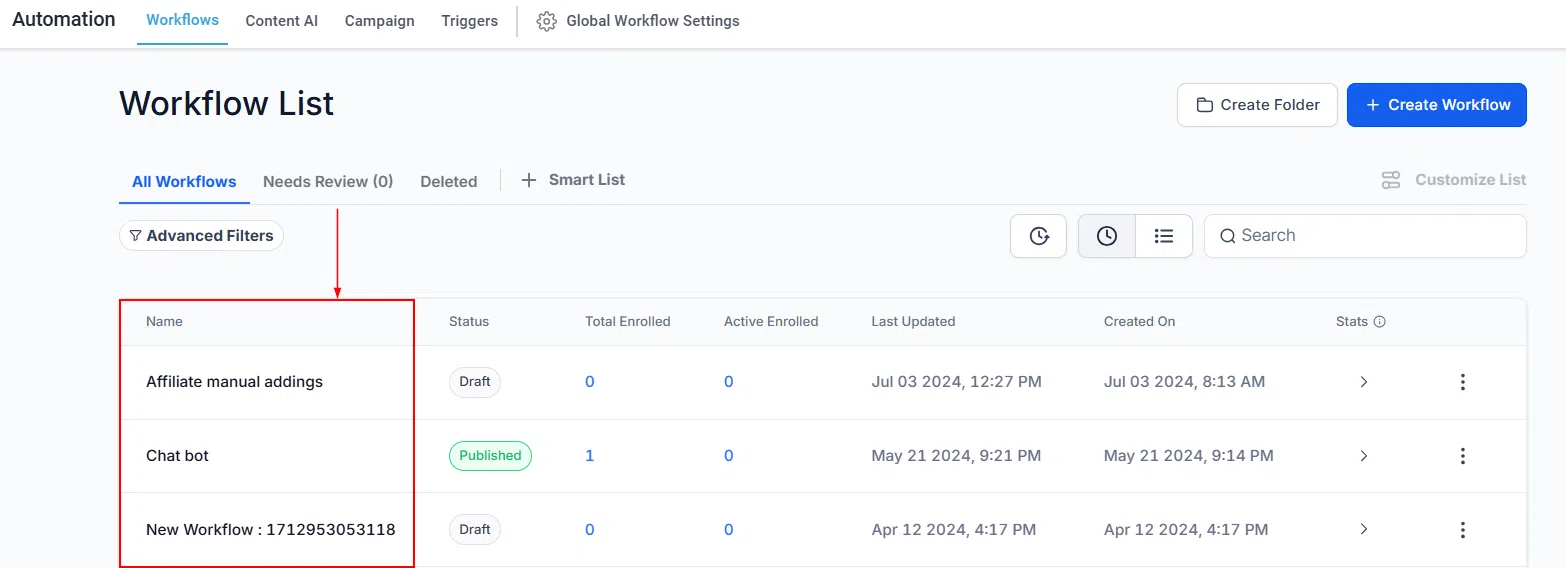 Growth360 Automations - workflow list columns