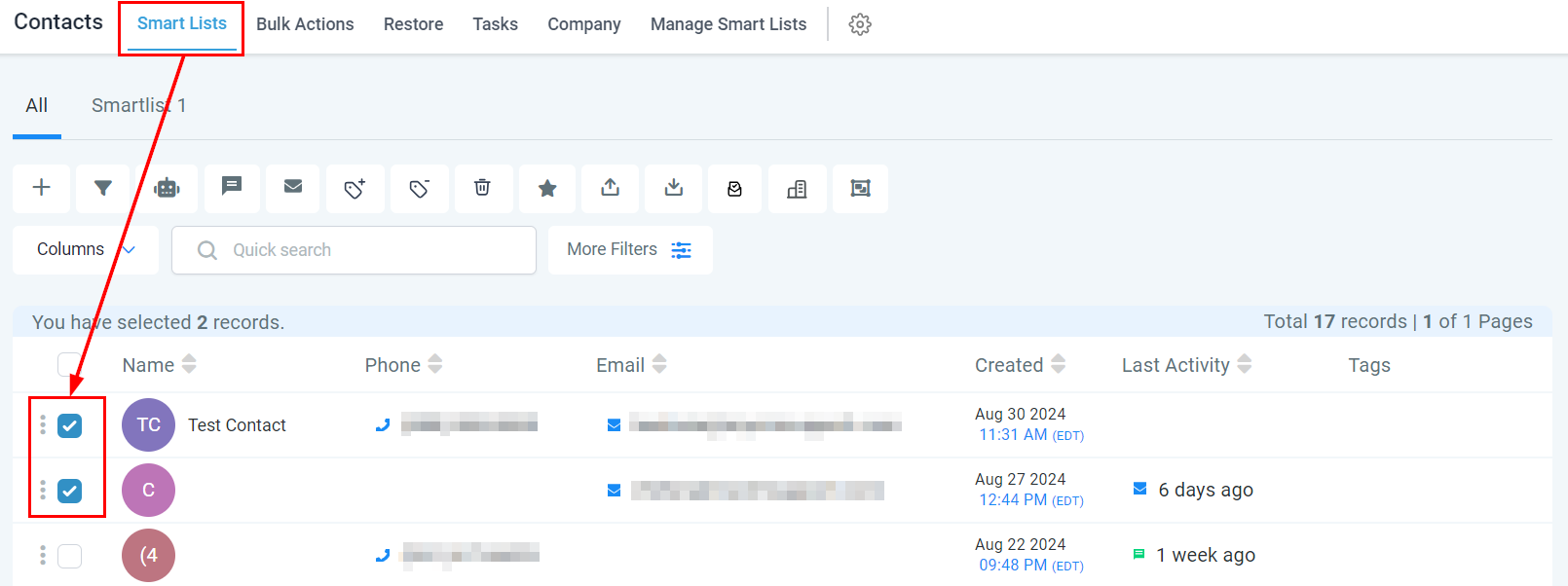 Select contacts for email verification