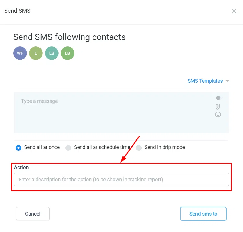 Action name for SMS