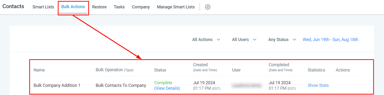 Bulk Actions results