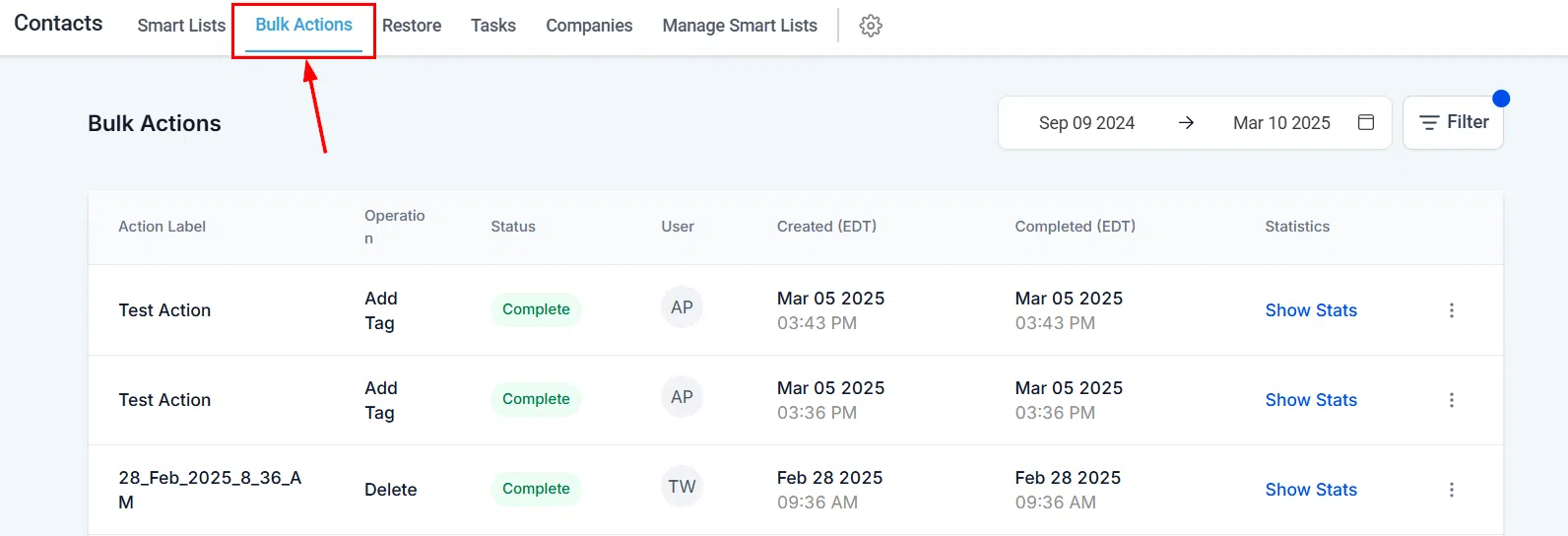 Bulk Actions overview page
