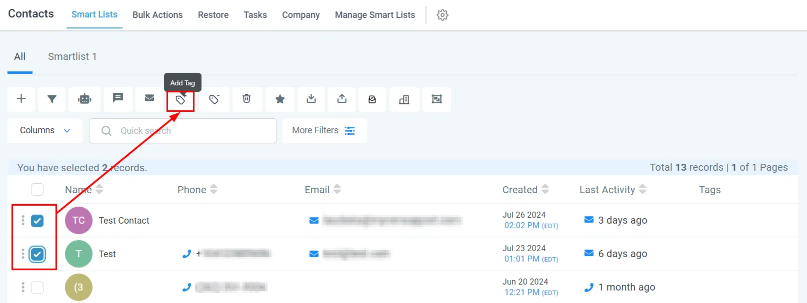 Add Tag bulk action button