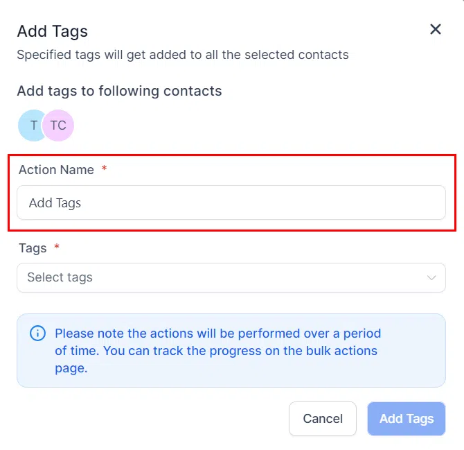 Action name field for Add Tags