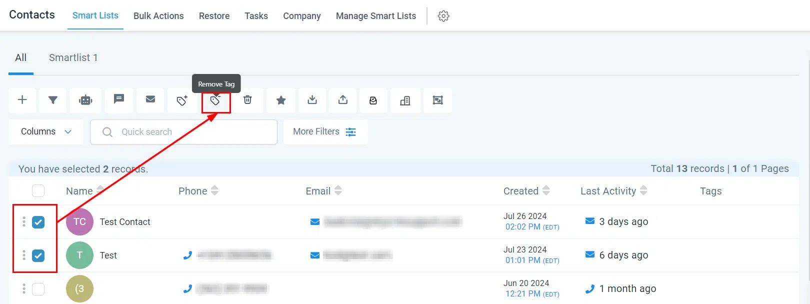 Remove Tag bulk action button
