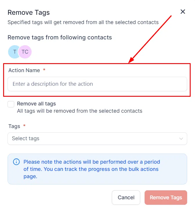 Action name field for Remove Tags