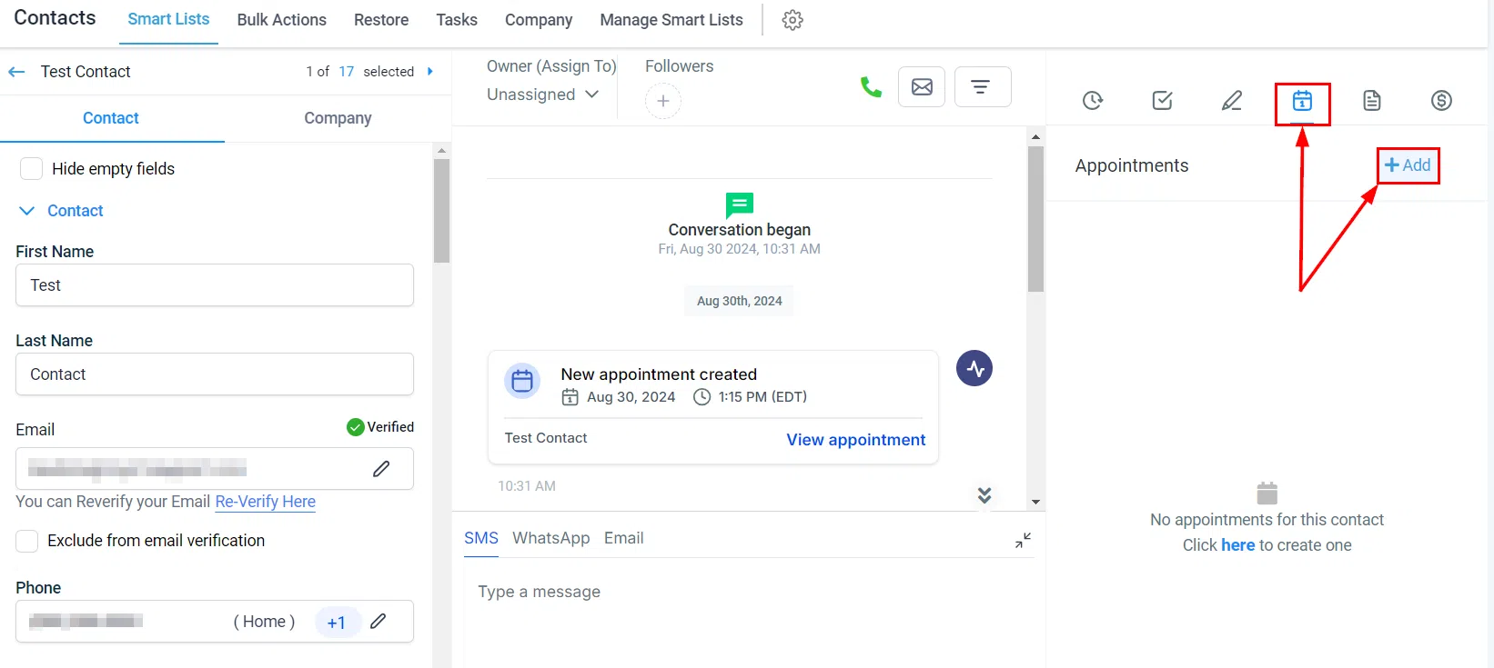 Growth360 Contact Appointments - add appointment button