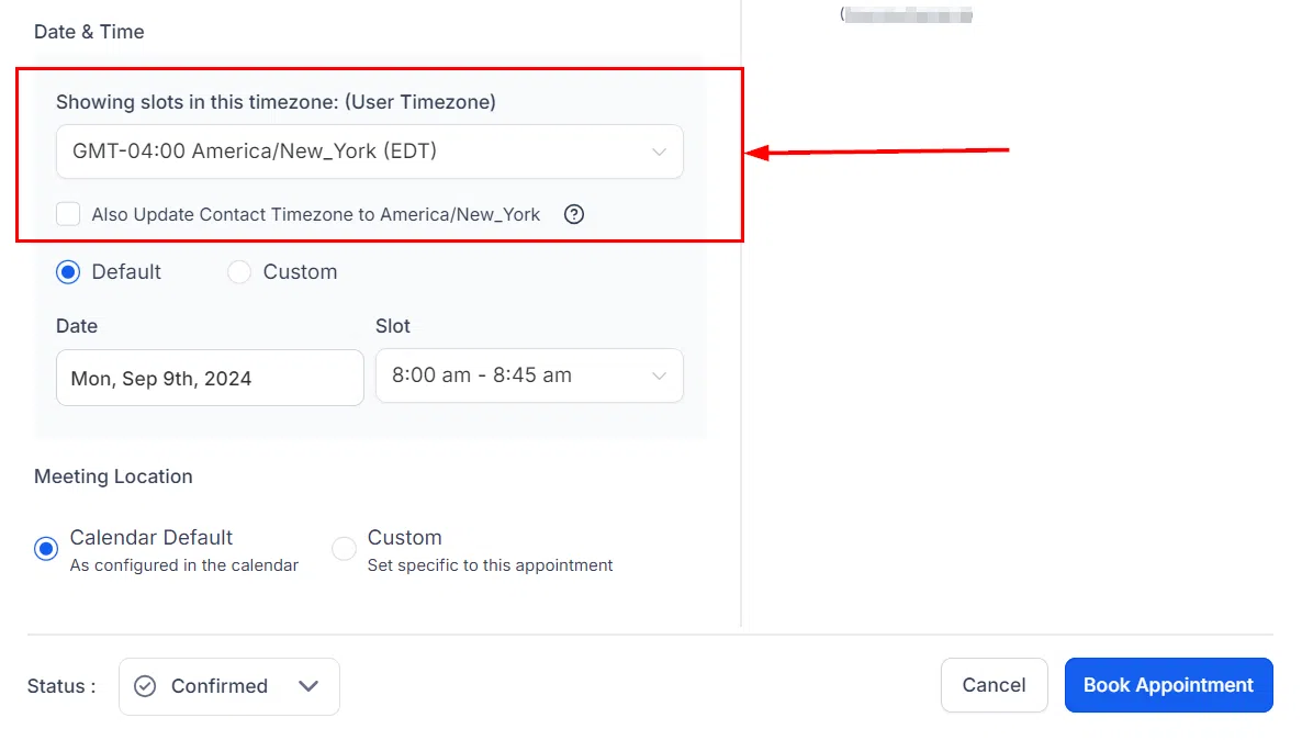 Growth360 Contact Appointments - time zone selection